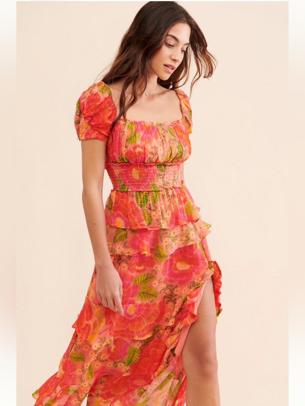 FARM Rio Blooming Floral Maxi Dress, Vibrant Coral, Front Slit, Smocked Bodice M - Picture 3 of 8